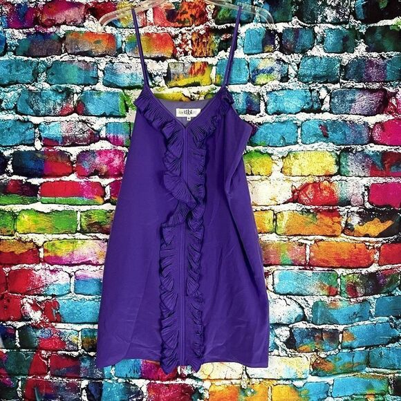 Tibi Purple 100% Silk V-Neck Ruffle Spaghetti Strap Dress 10 - Picture 1 of 11